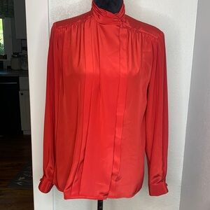 Alexandria red long sleeve button up blouse shoulder pads vintage